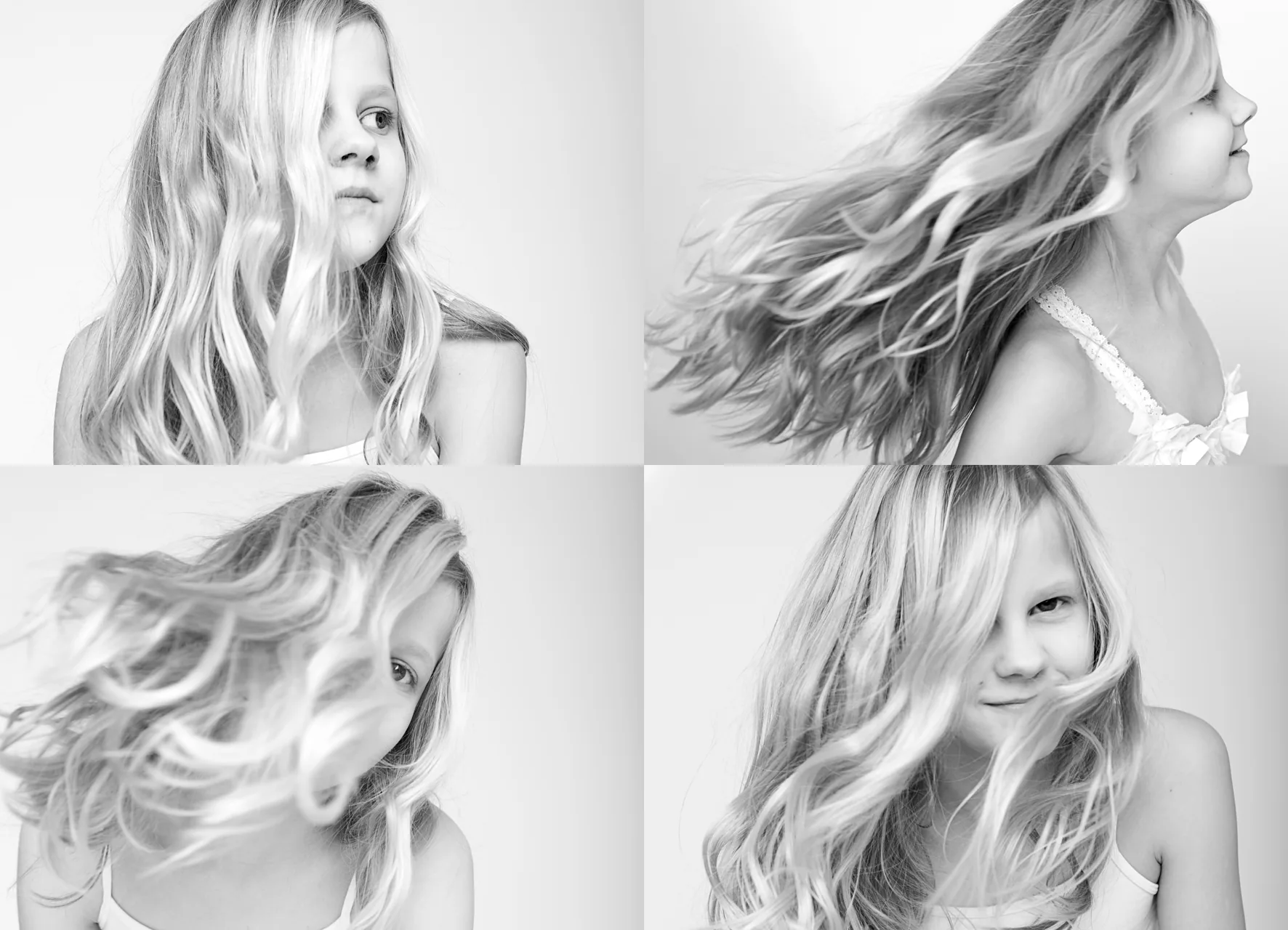 Kinderporträt mit wehenden Haaren, Schwarzweiß